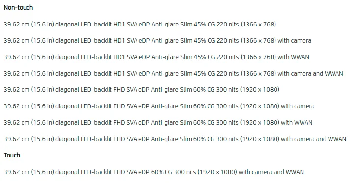 مشخصات نمایشگر اچ پی ProBook 650 G3