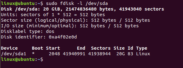 پارتیشن بندی حافظه دیسک بعد از نصب لینوکس روش خط فرمان sudo fdisk-l
